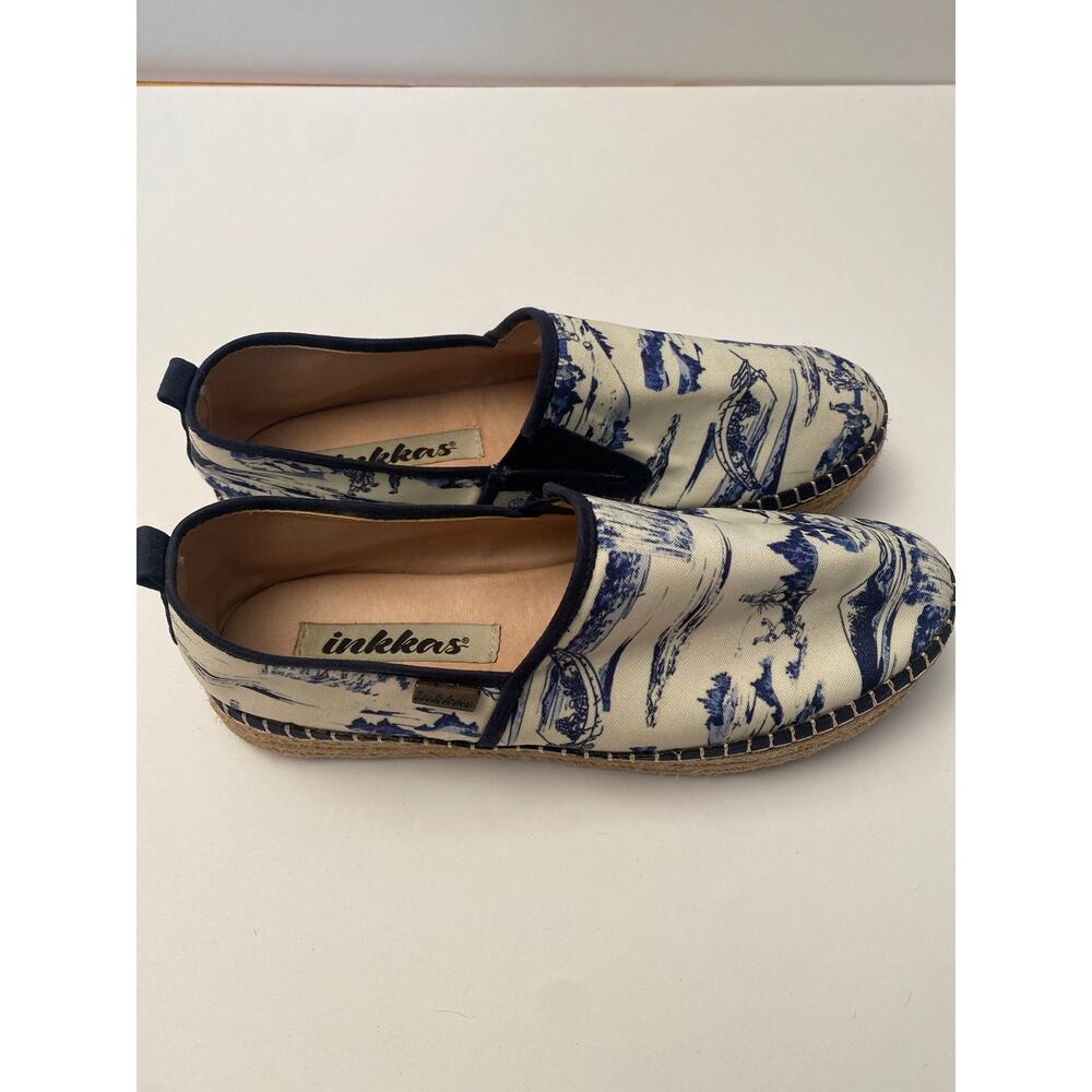 INKKAS Women's Espadrille Shoes Blue White Print Slip On Size 8 Made in Mexico